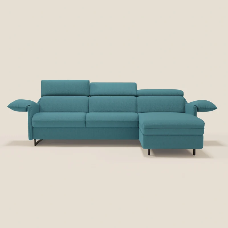 Violetta Canapé d'angle convertible avec chaise longue coffre, têtières et matelas 18cm en tissu imperméable T13 bleu ciel