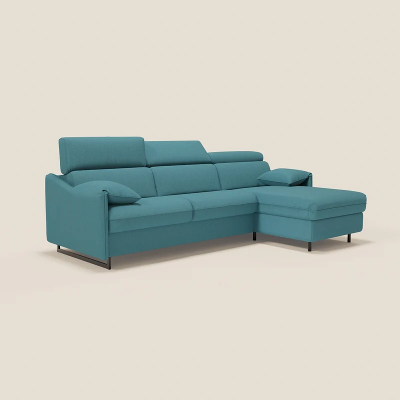 Violetta Canapé d'angle convertible avec chaise longue coffre, têtières et matelas 18cm en tissu imperméable T13 bleu ciel