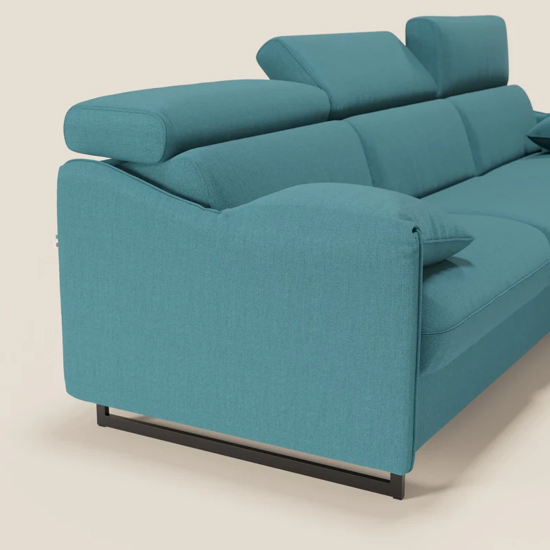 Violetta Canapé d'angle convertible avec chaise longue coffre, têtières et matelas 18cm en tissu imperméable T13 bleu ciel