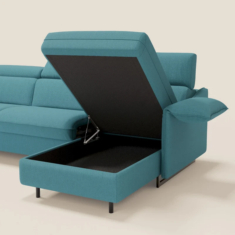Violetta Canapé d'angle convertible avec chaise longue coffre, têtières et matelas 18cm en tissu imperméable T13 bleu ciel