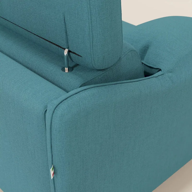 Violetta Canapé d'angle convertible avec chaise longue coffre, têtières et matelas 18cm en tissu imperméable T13 bleu ciel