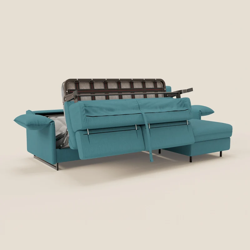 Violetta Canapé d'angle convertible avec chaise longue coffre, têtières et matelas 18cm en tissu imperméable T13 bleu ciel