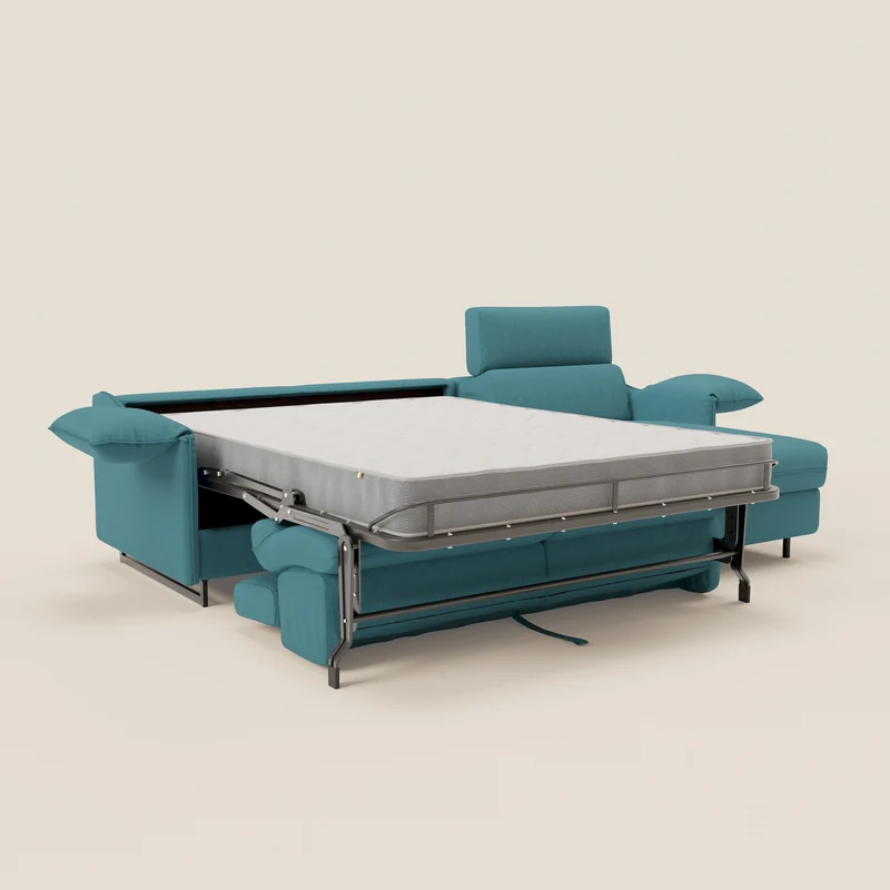 Violetta Canapé d'angle convertible avec chaise longue coffre, têtières et matelas 18cm en tissu imperméable T13 bleu ciel