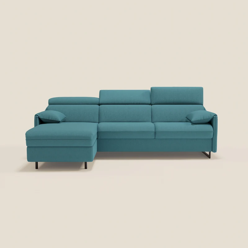 Violetta Canapé d'angle convertible avec chaise longue coffre, têtières et matelas 18cm en tissu imperméable T13 bleu ciel