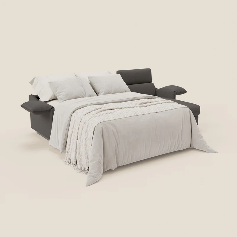 Violetta Canapé d'angle convertible avec chaise longue coffre, têtières et matelas 18cm en tissu imperméable T13 anthracite