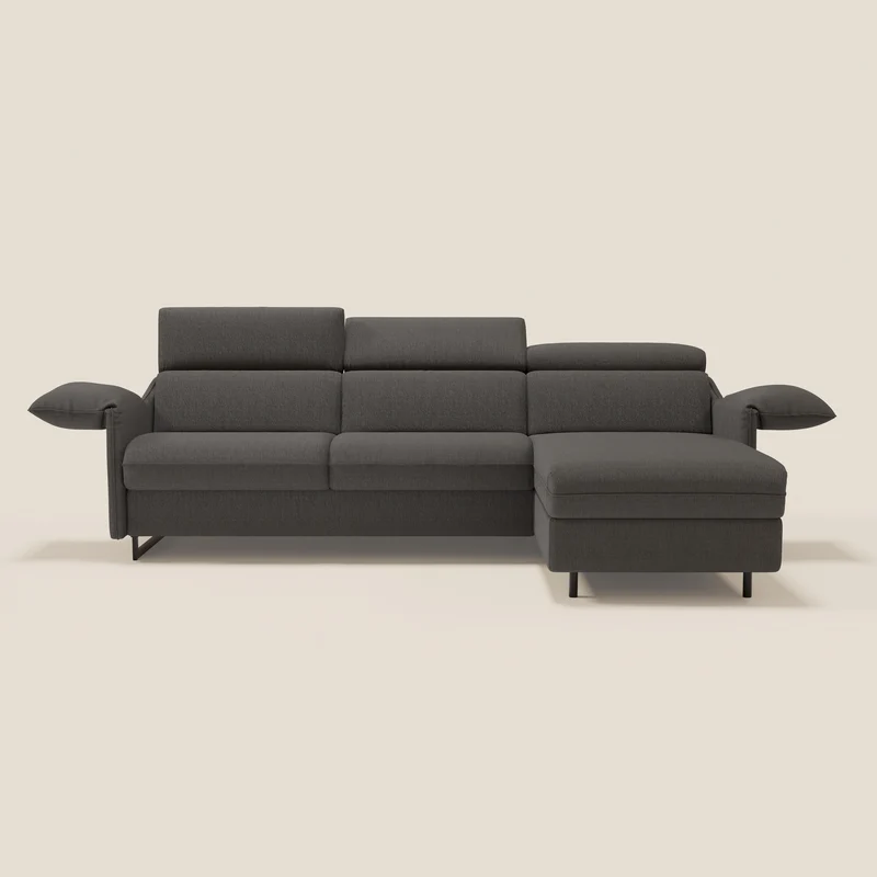 Violetta Canapé d'angle convertible avec chaise longue coffre, têtières et matelas 18cm en tissu imperméable T13 anthracite