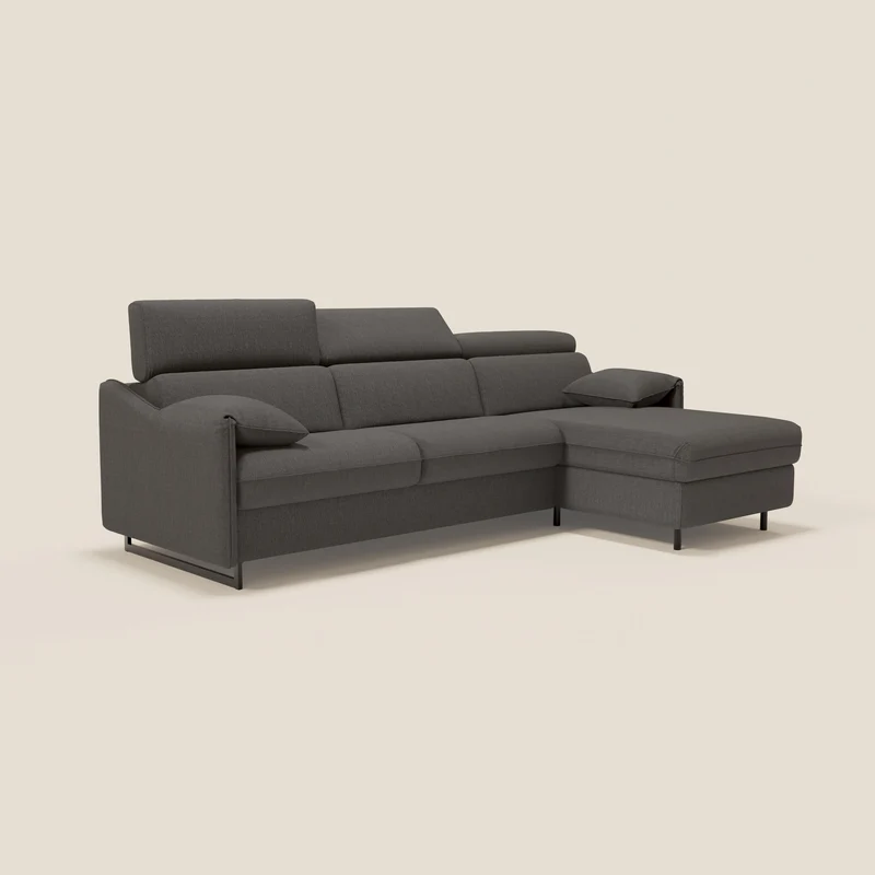 Violetta Canapé d'angle convertible avec chaise longue coffre, têtières et matelas 18cm en tissu imperméable T13 anthracite