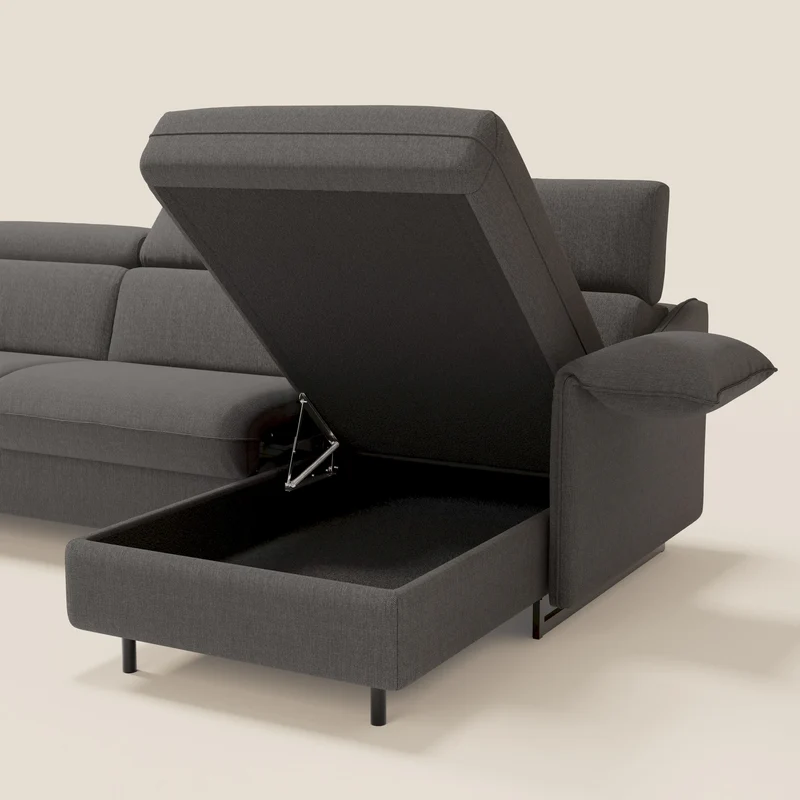 Violetta Canapé d'angle convertible avec chaise longue coffre, têtières et matelas 18cm en tissu imperméable T13 anthracite