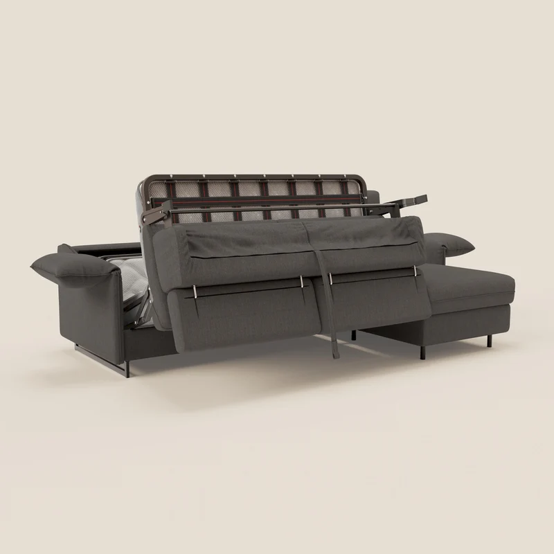 Violetta Canapé d'angle convertible avec chaise longue coffre, têtières et matelas 18cm en tissu imperméable T13 anthracite