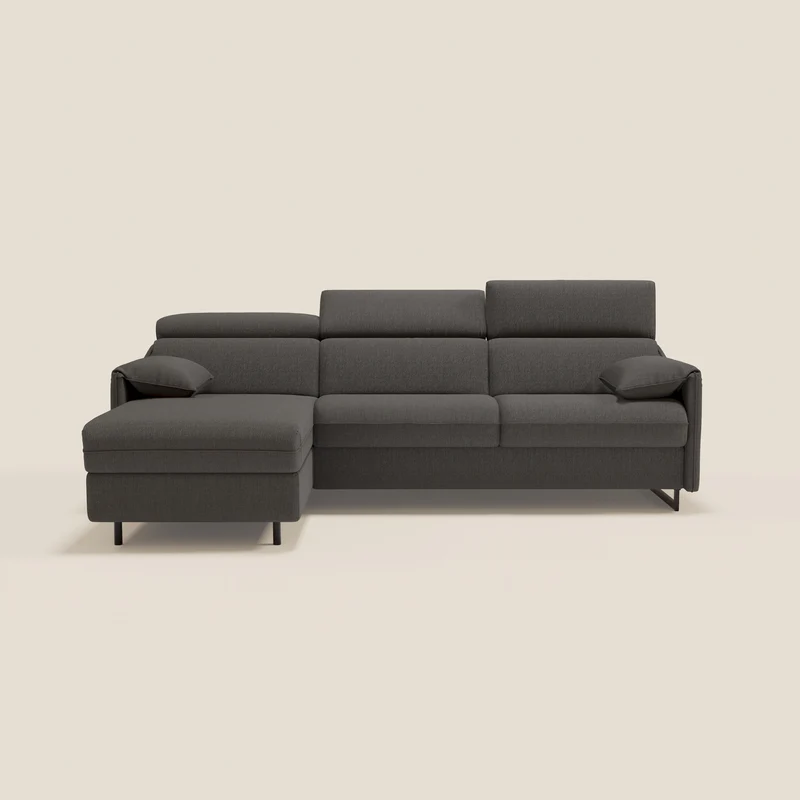 Violetta Canapé d'angle convertible avec chaise longue coffre, têtières et matelas 18cm en tissu imperméable T13 anthracite