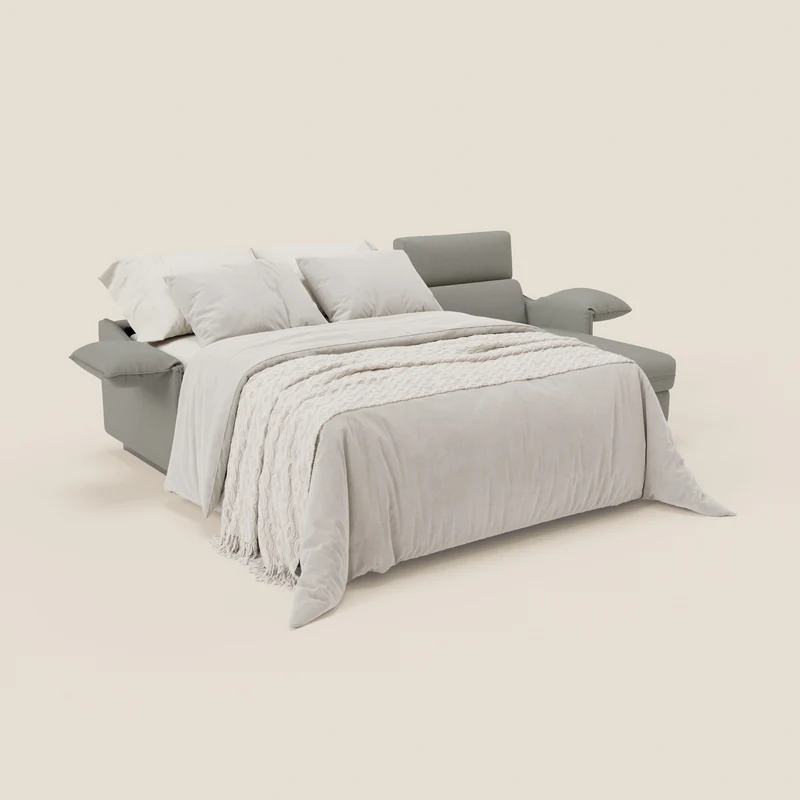 Violetta Canapé d'angle convertible avec chaise longue coffre, têtières et matelas 18cm en tissu imperméable T13 gris