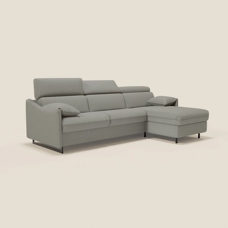 Violetta Canapé d'angle convertible avec chaise longue coffre, têtières et matelas 18cm en tissu imperméable T13 gris