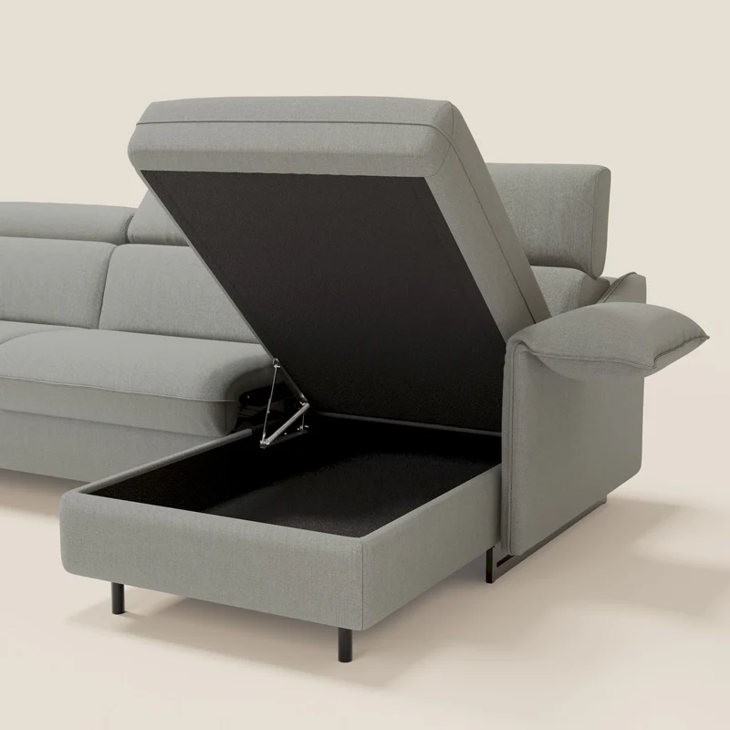 Violetta Canapé d'angle convertible avec chaise longue coffre, têtières et matelas 18cm en tissu imperméable T13 gris