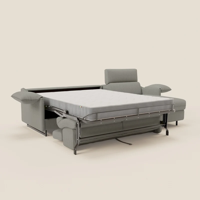 Violetta Canapé d'angle convertible avec chaise longue coffre, têtières et matelas 18cm en tissu imperméable T13 gris