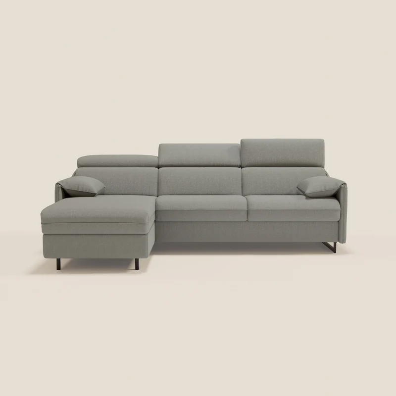 Violetta Canapé d'angle convertible avec chaise longue coffre, têtières et matelas 18cm en tissu imperméable T13 gris