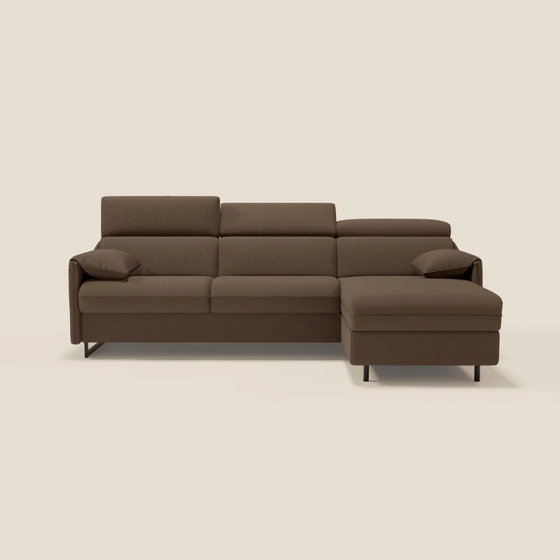 Violetta Canapé d'angle convertible avec chaise longue coffre, têtières et matelas 18cm en tissu imperméable T13 marron