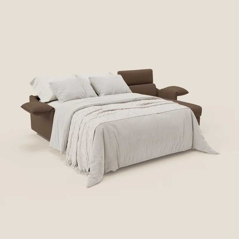 Violetta Canapé d'angle convertible avec chaise longue coffre, têtières et matelas 18cm en tissu imperméable T13 marron