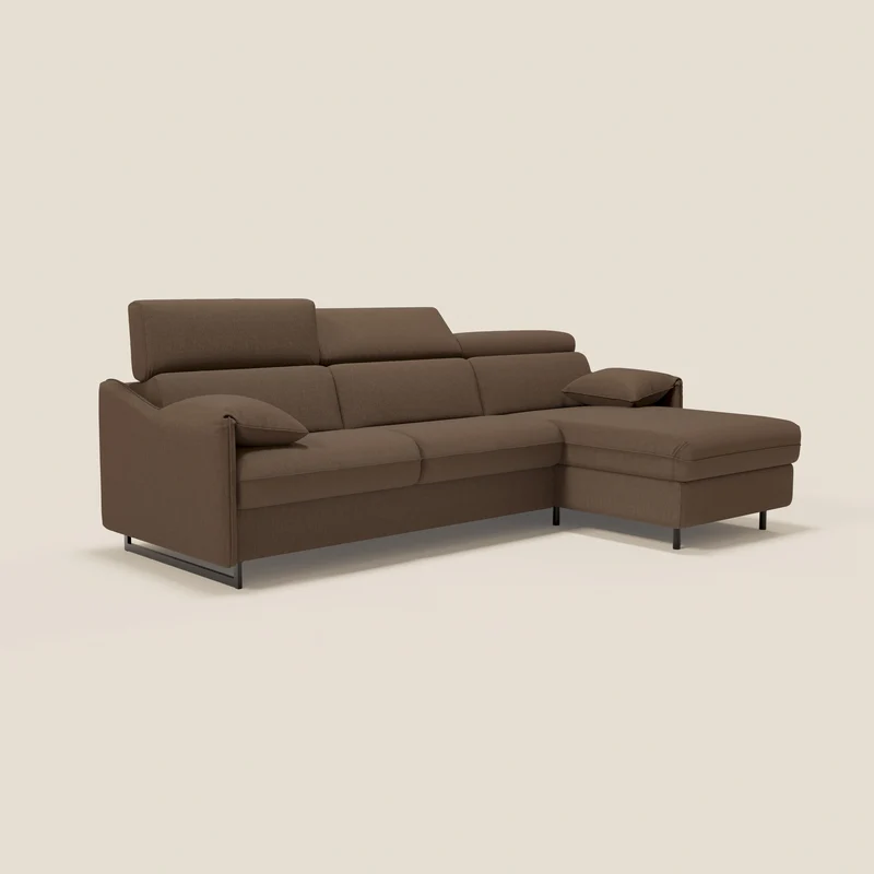 Violetta Canapé d'angle convertible avec chaise longue coffre, têtières et matelas 18cm en tissu imperméable T13 marron