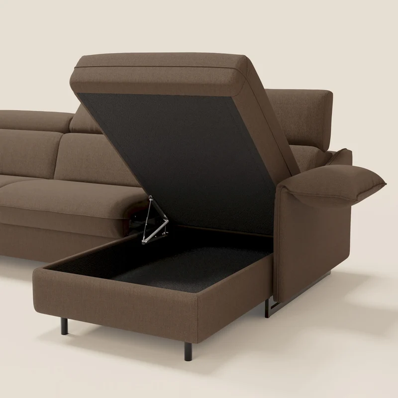 Violetta Canapé d'angle convertible avec chaise longue coffre, têtières et matelas 18cm en tissu imperméable T13 marron