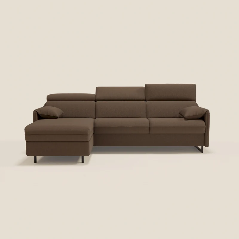Violetta Canapé d'angle convertible avec chaise longue coffre, têtières et matelas 18cm en tissu imperméable T13 marron