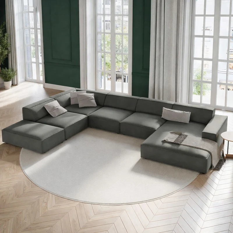 Canapé panoramique angle gauche Jodie 7 places en velours gris clair