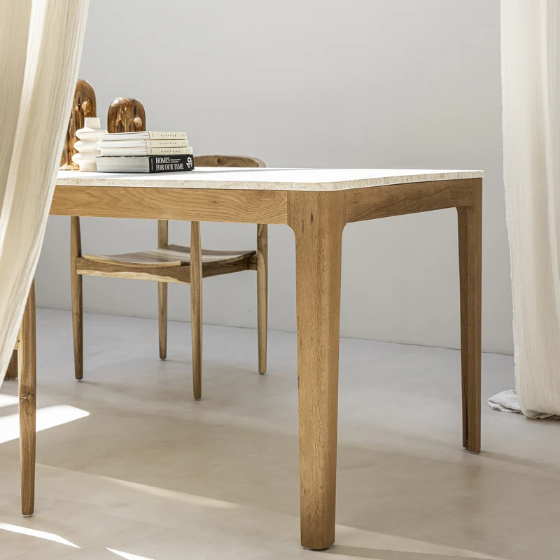 Table à manger DRAWER Kielce 8 personnes effet travertin et bois beige