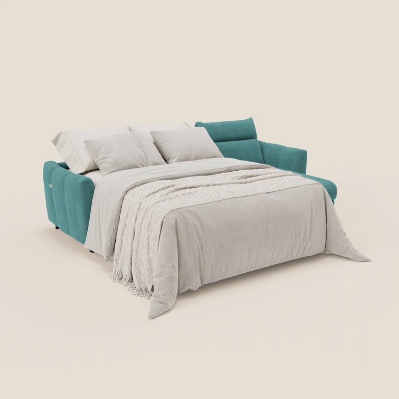Peonia canapé d'angle convertible avec matelas H18 et chaise longue coffre en bouclette imperméable T07 bleu ciel