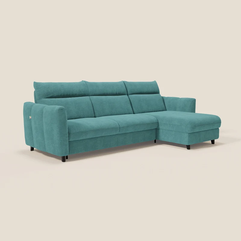 Peonia canapé d'angle convertible avec matelas H18 et chaise longue coffre en bouclette imperméable T07 bleu ciel