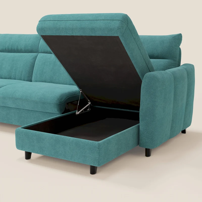 Peonia canapé d'angle convertible avec matelas H18 et chaise longue coffre en bouclette imperméable T07 bleu ciel