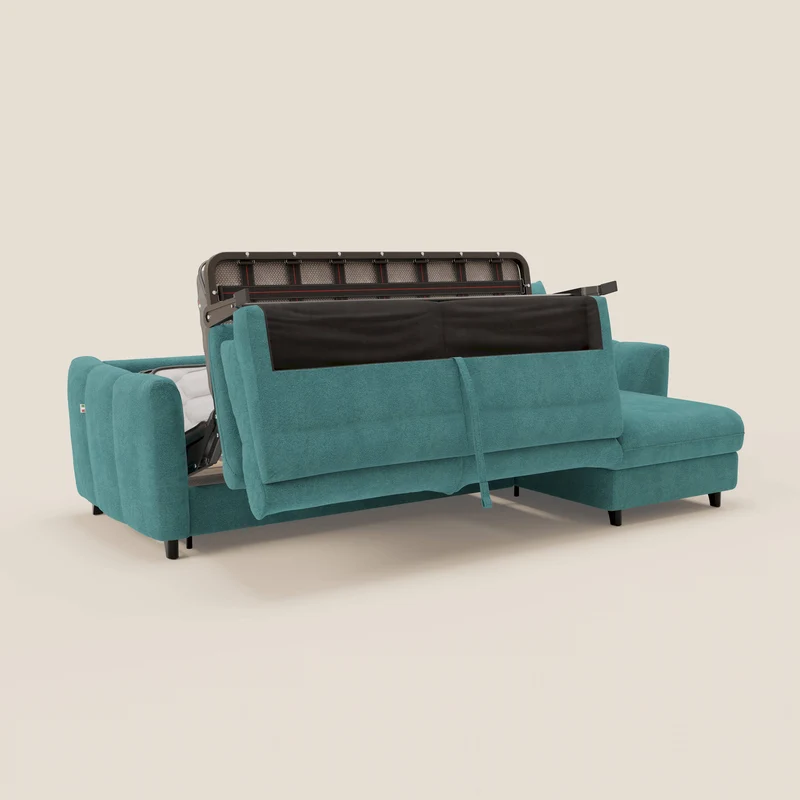 Peonia canapé d'angle convertible avec matelas H18 et chaise longue coffre en bouclette imperméable T07 bleu ciel