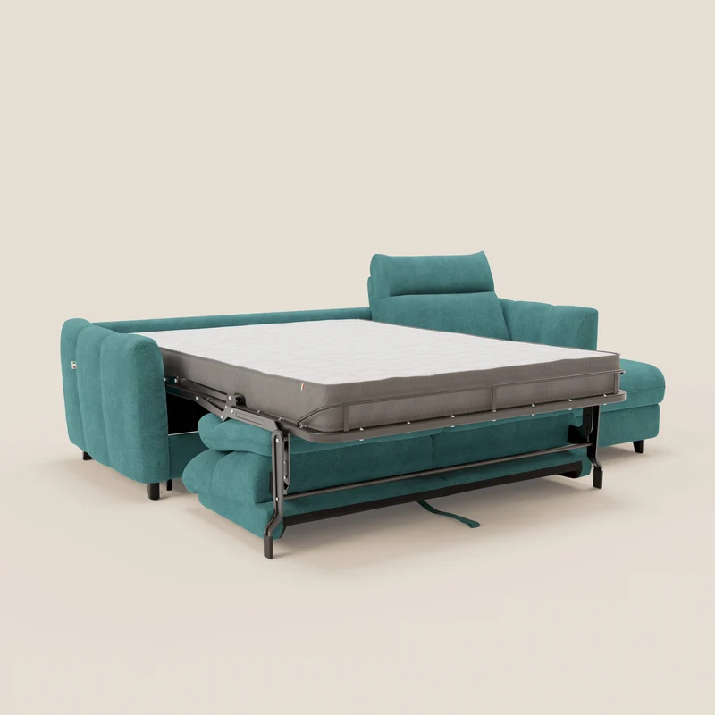Peonia canapé d'angle convertible avec matelas H18 et chaise longue coffre en bouclette imperméable T07 bleu ciel