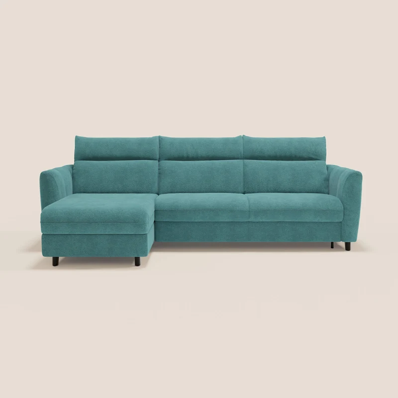 Peonia canapé d'angle convertible avec matelas H18 et chaise longue coffre en bouclette imperméable T07 bleu ciel