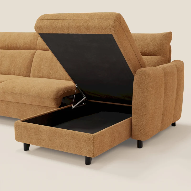 Peonia canapé d'angle convertible avec matelas H18 et chaise longue coffre en bouclette imperméable T07 orange