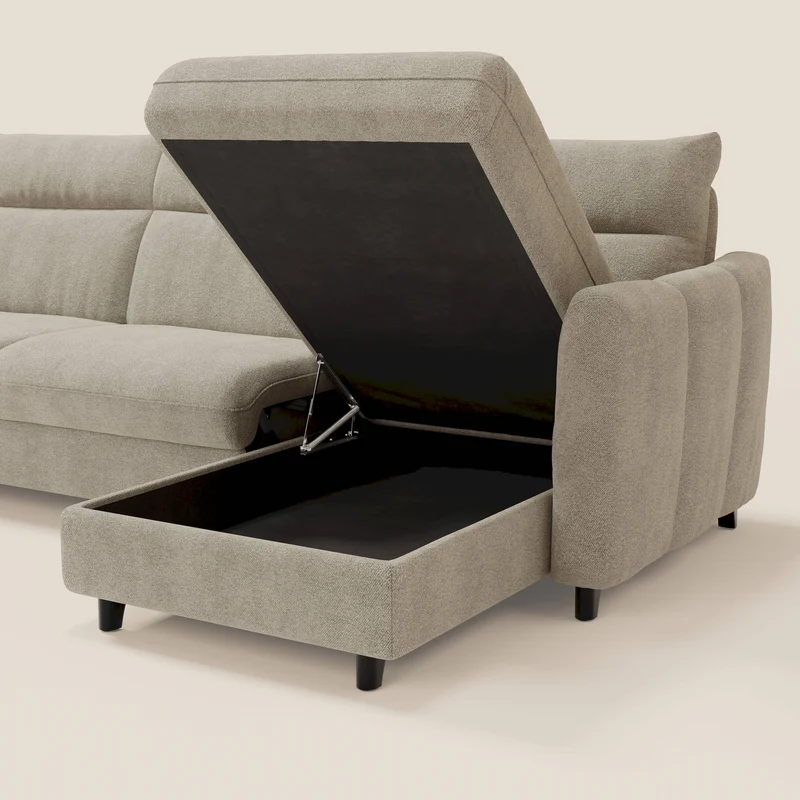 Peonia canapé d'angle convertible avec matelas H18 et chaise longue coffre en bouclette imperméable T07 beige