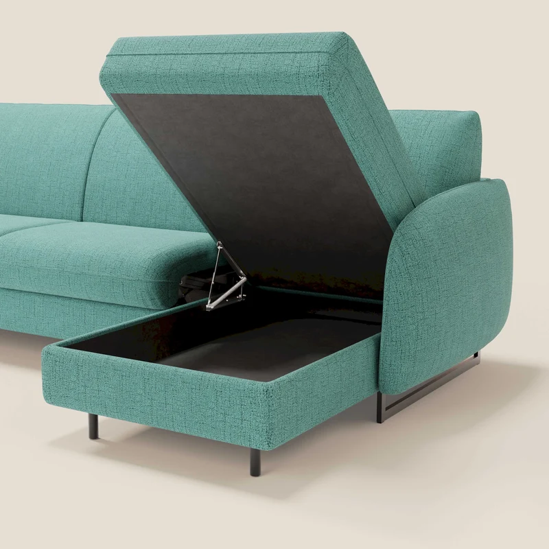 Ninfea Canapé d'angle convertible avec chaise longue coffre, matelas H18 cm et pieds en métal en tissu imperméable T03 vert aquamarine