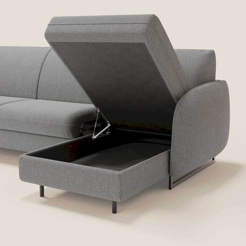 Ninfea Canapé d'angle convertible avec chaise longue coffre, matelas H18 cm et pieds en métal en tissu imperméable T03 gris