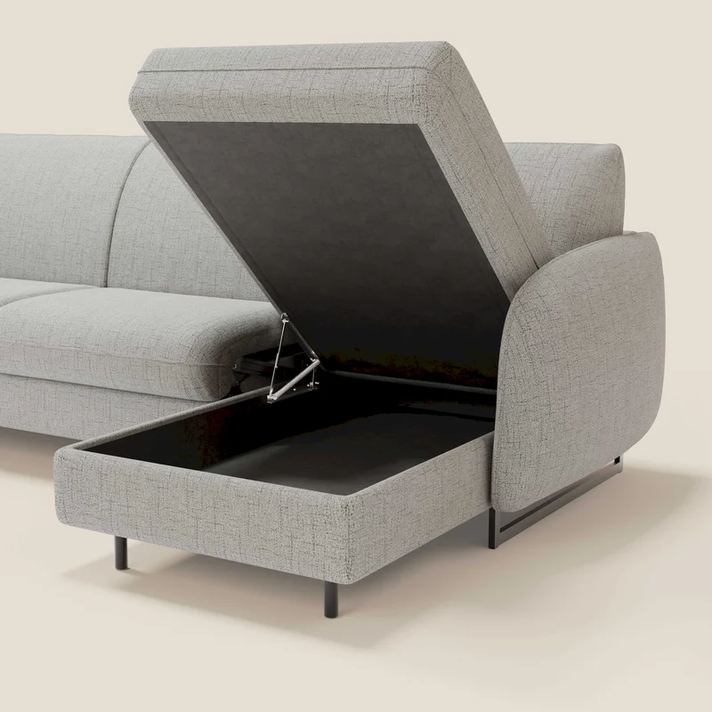 Ninfea Canapé d'angle convertible avec chaise longue coffre, matelas H18 cm et pieds en métal en tissu imperméable T03 gris clair