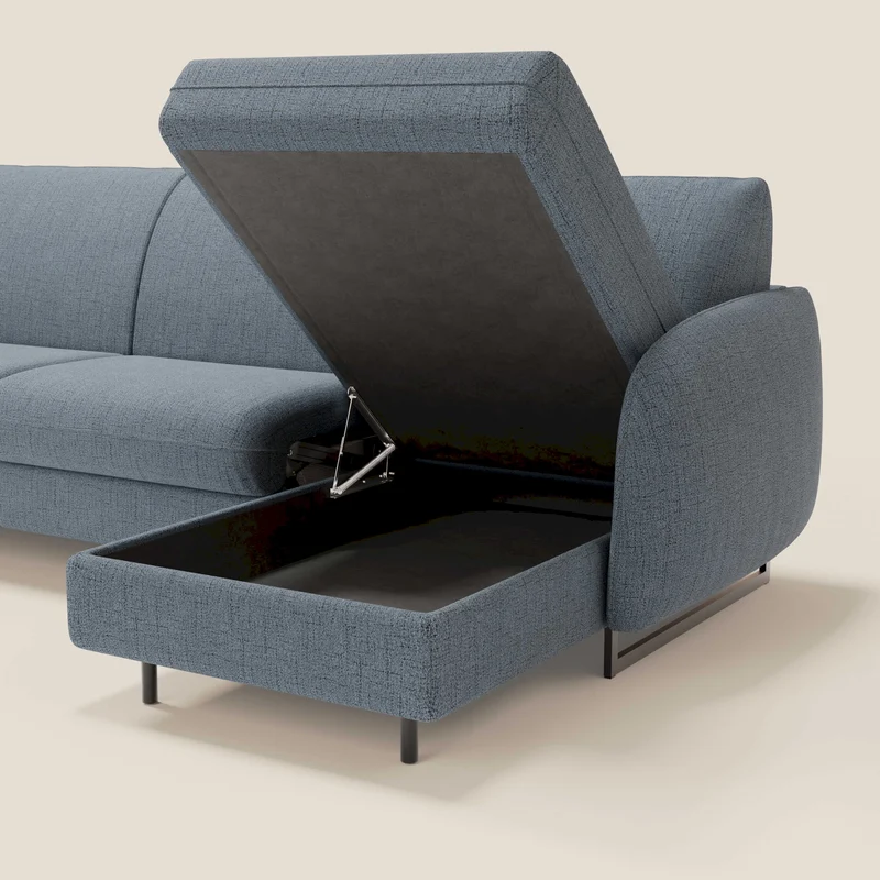 Ninfea Canapé d'angle convertible avec chaise longue coffre, matelas H18 cm et pieds en métal en tissu imperméable T03 bleu