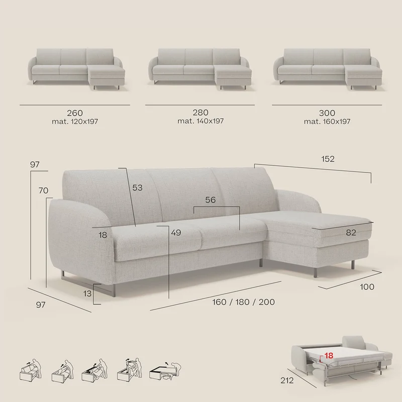 Ninfea Canapé d'angle convertible avec chaise longue coffre, matelas H18 cm et pieds en métal en tissu imperméable T03 bleu