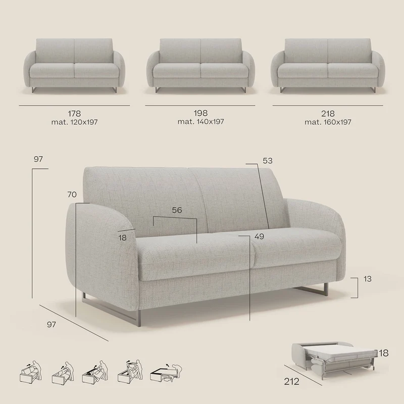 Ninfea Canapé convertible de design avec pieds hauts en métal et matelas H18 cm en tissu imperméable T03 gris clair
