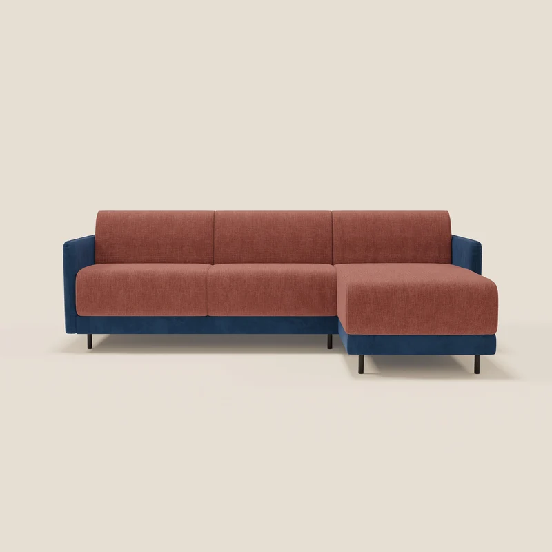 Narciso canapé d'angle convertible avec matelas H18 cm et chaise longue coffre en tissu bicouleur T11 et T06 bleu - corail