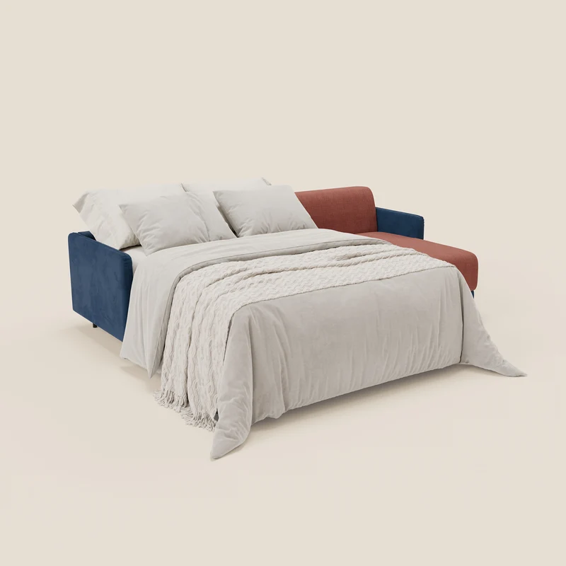 Narciso canapé d'angle convertible avec matelas H18 cm et chaise longue coffre en tissu bicouleur T11 et T06 bleu - corail