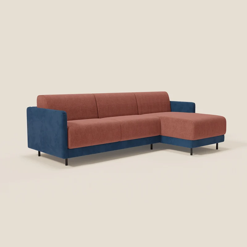 Narciso canapé d'angle convertible avec matelas H18 cm et chaise longue coffre en tissu bicouleur T11 et T06 bleu - corail