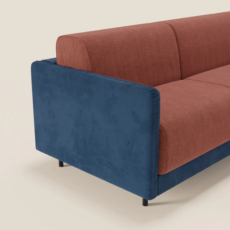 Narciso canapé d'angle convertible avec matelas H18 cm et chaise longue coffre en tissu bicouleur T11 et T06 bleu - corail