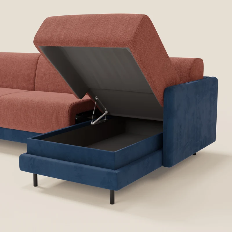 Narciso canapé d'angle convertible avec matelas H18 cm et chaise longue coffre en tissu bicouleur T11 et T06 bleu - corail