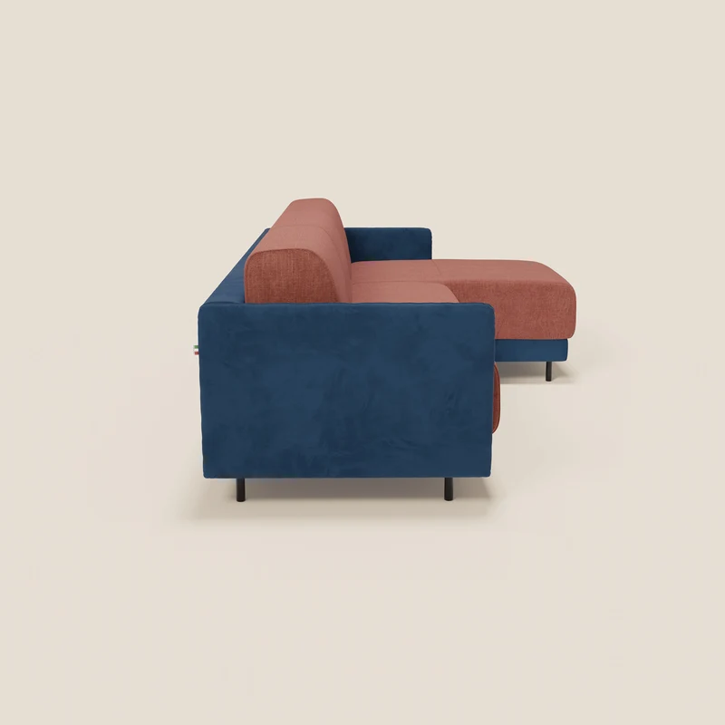 Narciso canapé d'angle convertible avec matelas H18 cm et chaise longue coffre en tissu bicouleur T11 et T06 bleu - corail