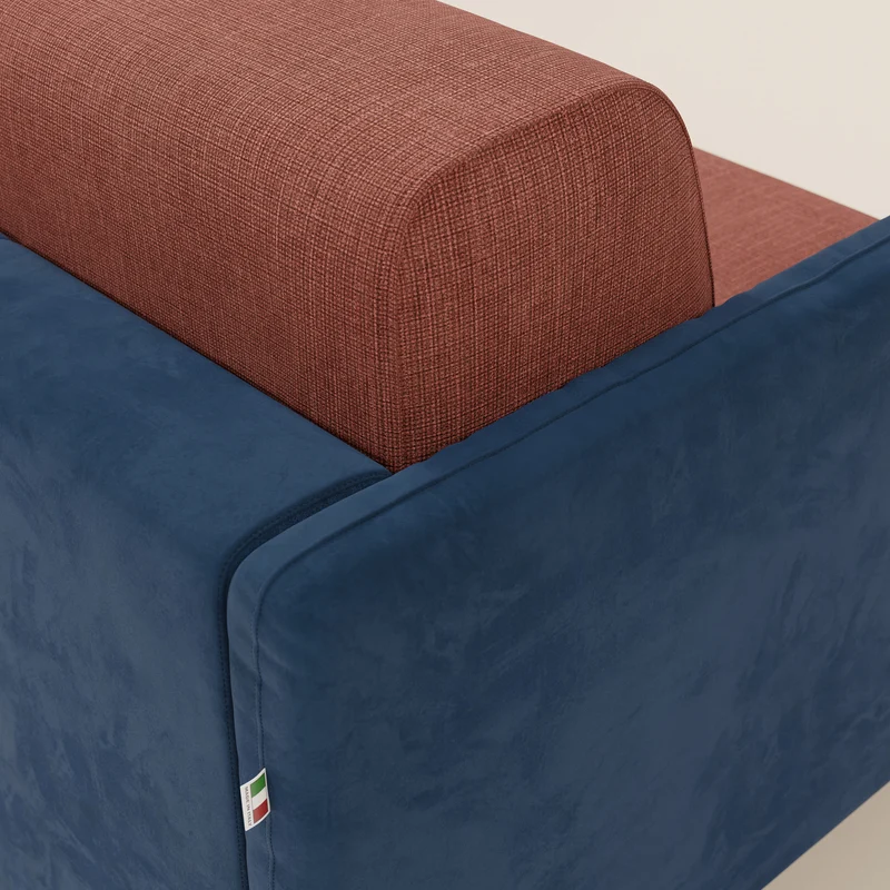 Narciso canapé d'angle convertible avec matelas H18 cm et chaise longue coffre en tissu bicouleur T11 et T06 bleu - corail