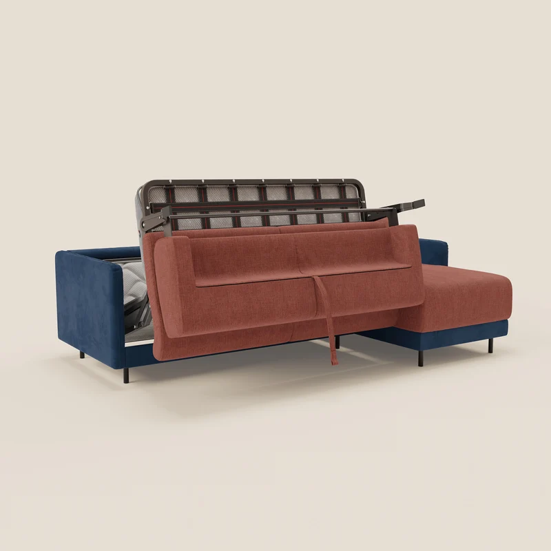 Narciso canapé d'angle convertible avec matelas H18 cm et chaise longue coffre en tissu bicouleur T11 et T06 bleu - corail