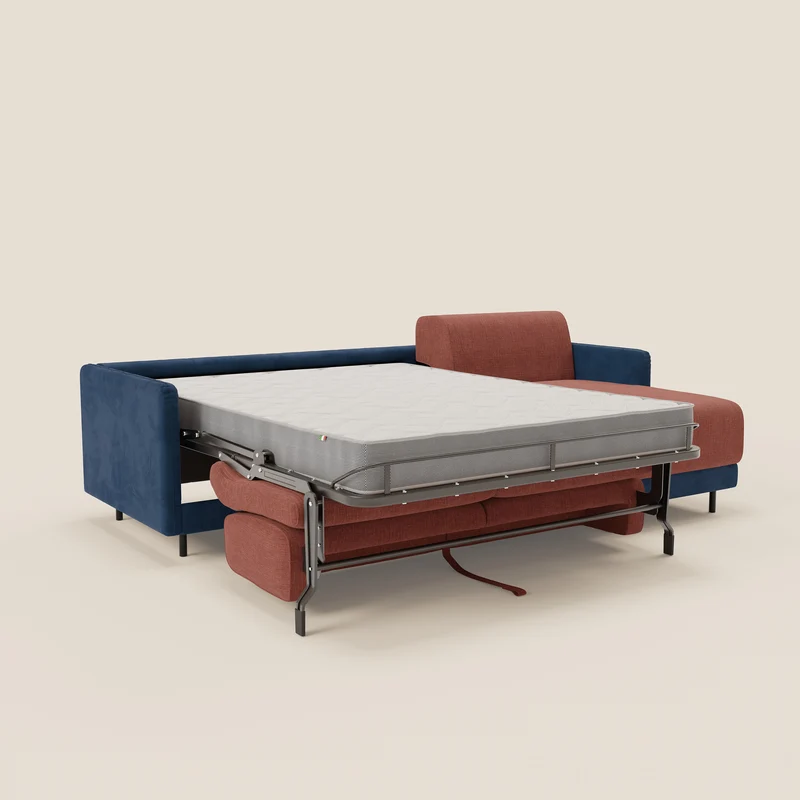 Narciso canapé d'angle convertible avec matelas H18 cm et chaise longue coffre en tissu bicouleur T11 et T06 bleu - corail