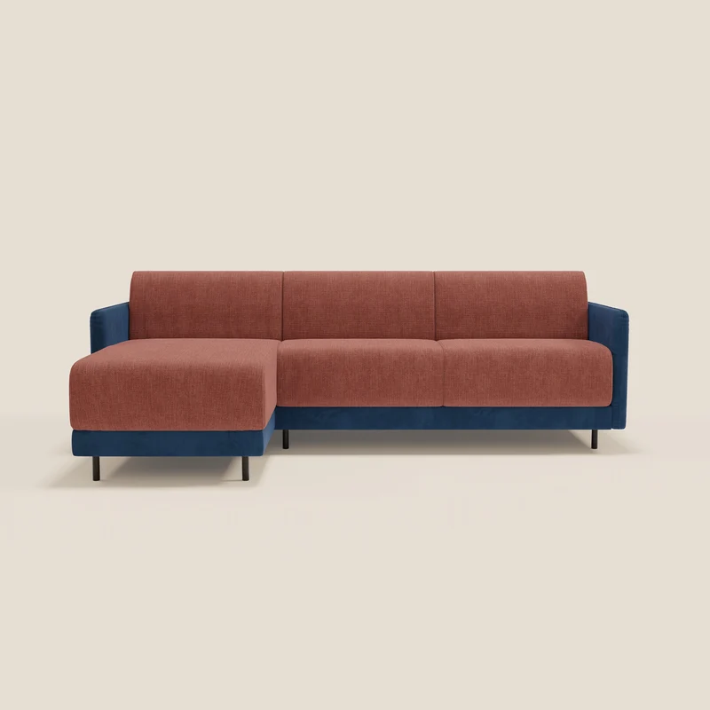 Narciso canapé d'angle convertible avec matelas H18 cm et chaise longue coffre en tissu bicouleur T11 et T06 bleu - corail